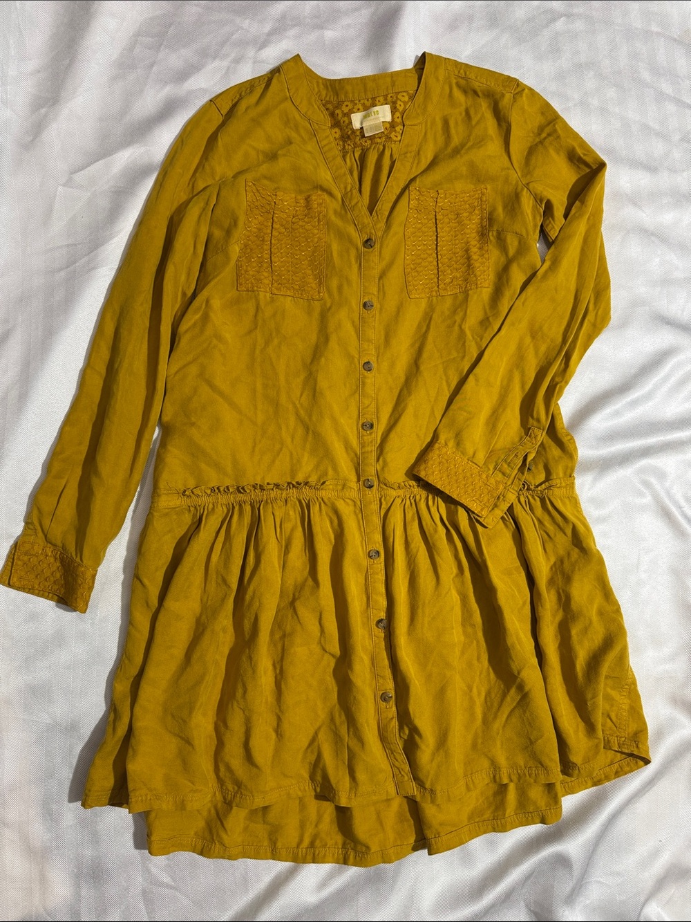 Anthropologie Mustard Button-Front Long-Sleeve Tiered Dress